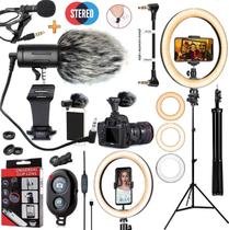 Kit Youtuber Tripé Profissional + Microfone Direcional Condensador Iluminador Anel Led Ring Light Gravar Vídeo Celular Kit Youtuber Tripé Profissional + Microfone Direcional Condensador Iluminador Anel Led Ring Light Gravar Vídeo Celular
