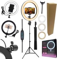 Kit Youtuber Tripé Profissional Pedestal 2,10M + Luz Iluminador Led Ring Light 26Cm Reclinável Suporte Celular Universal