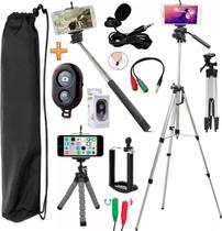 Kit Youtuber Tripé Profissional Pedestal Câmera Celular Microfone Lapela Smartphone Universal Pau Selfie