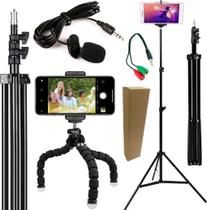 Kit Youtuber Tripé Profissional Pedestal Microfone Lapela Celular Smartphone + Tripé Flexível Universal