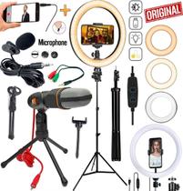 Kit Youtuber Tripé Profissional Universal Microfone Condensador Mesa Luz Led Iluminador Ring Light Gravação Vídeo Lapela