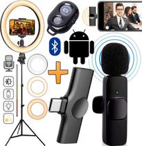 Kit Youtuber Tripé Suporte Celular Microfone Lapela Sem Fio Tipo C Android + Aro de Luz Ring Light Selfie Gravação Vídeo