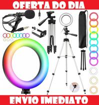 Kit Youtuber Tripé Universal Profissional Celular + Iluminador Ring Light Rgb Colorido Microfone Lapela Gravação Vídeo