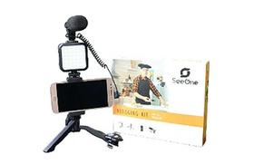 Kit youtuber vlog live tripé celular suporte led e microfone com controle bluetooth seeone 5 em 1