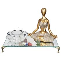 Kit Zen C/ Ioga Glitter Dourada Bandeja Castiçal Vidro Velas