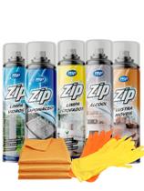 Kit Zip Estofados Moveis Alcool Saponaceo Vidros + 3 Panos Microfibra + 2 Par Luvas Multiuso