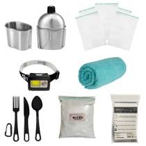 Kit Ziplock + Cal + Talher + manta + cantil + Lanterna + Toalha