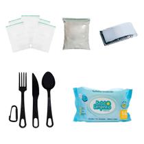 Kit Ziplock + Cal Virgem + Talher +Manta Aluminizada + Lenço