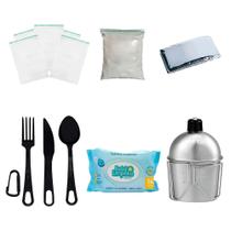 Kit Ziplock + Cal Virgem + Talher + manta + cantil + Lenço