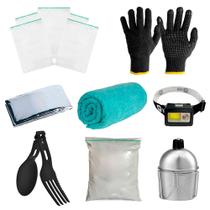 Kit Ziplock + Cal Virgem + Talher + manta + cantil + Lenço