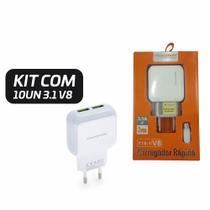 Kit10 Carregador Turbo Hmaston/A'gold 2USB 3,1A V8 Cabo Removível