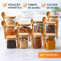 Kit10 Potes Vidro Hermético Tampa Bambu + Colher Bambu Porta Mantimentos Cozinha Vedação Premium Kit10 Potes Vidro Hermético Tampa Bambu + Colher Bambu Porta Mantimentos Cozinha Vedação Premium