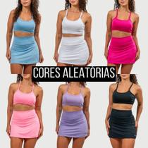 KIT3 Conjunto Fitness Feminino Top Nadador + Short Saia com Bolsos Internos dos Dois Lados P/Celular