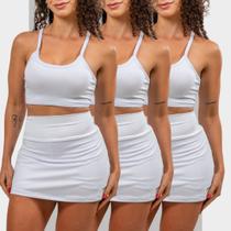 KIT3 Conjunto Fitness Feminino Top Nadador + Short Saia com Bolsos Internos dos Dois Lados P/Celular