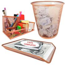 Kit3 Escritório Bandeja Organizadora Lixeira Aramad Rosegold