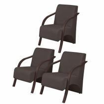 Kit3 Poltronas Vênus 1 Lugar Braço Pé Madeira Marrom
