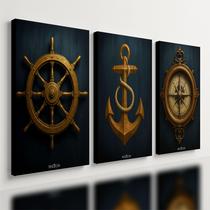 Kit3 Quadro Decorativo Marítimo Barco Ancora Bussola Veleiro Qualidade Premium Luxo 28x20cm