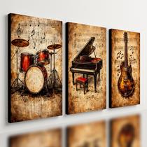Kit3 Quadro Decorativo Música Vintage Piano Bateria Guitarra 28x20cm