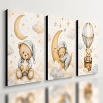 Kit3 Quadro Decorativo Quarto Infantil Bebê Menino Urso Lua 40x28cm