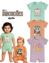 Kit3 Romper Bebê Algodão Macaquinho Verão Menino Menina manga curta gola envelope botão pressão P-GG