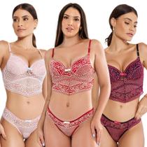 Kit5 Conjunto Lingerie Cropped Sexy Renda Bicolor Bojo