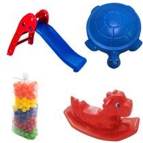 KITPlayground Educacional Esc BABY + JABUTI espaçoso brincar ao ar livre + 200 BOLAS coloridas 76mm para o jabuti + Gangorra cavalinho DINO rex Verde