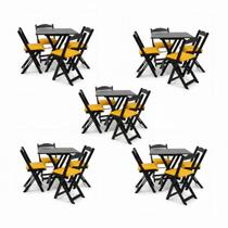 Kits 5 Conjuntos Dobráveis 70x70 5 Mesas 20 Cadeiras PRETO COM ESTOFADO AMARELO