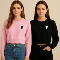 Kits com 2 Croppeds Moletons - Estampa Gatinho Feminino Casual Pronta Entrega Kits com 2 Croppeds Moletons - Estampa Gatinho Feminino Casual Pronta Entrega