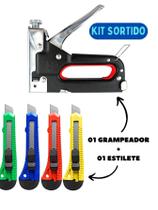 Kits Grampeador Tapeceiro Grampos + Trena 10m + Tesoura + Estilete p/ Madeira Estofados Sofá Móveis Marcenaria Tapeçaria Escola - BLACK BULL