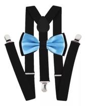 Kits Suspensório Preto + Gravata Borboleta Dupla Azul Bebê