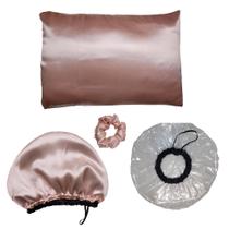 Kits Touca Nero, Touca Plástica De Banho, Fronha de Cetim e Scrunchies