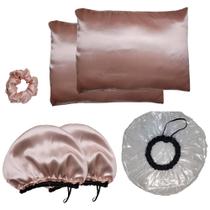 Kits Touca Nero, Touca Plástica De Banho, Fronha de Cetim e Scrunchies