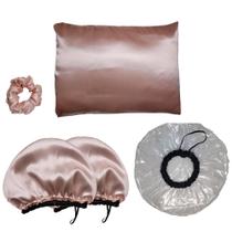 Kits Touca Nero, Touca Plástica De Banho, Fronha de Cetim e Scrunchies