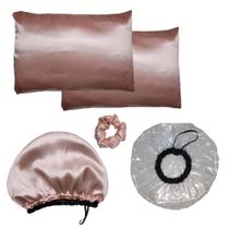 Kits Touca Nero, Touca Plástica De Banho, Fronha de Cetim e Scrunchies