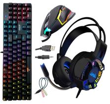 KNUP Kit Gamer 3 em 1, Teclado Mecânico ABNT2 RGB com Switch Blue, Mouse 4800 DPI RGB, Headset 7.1 com Microfone