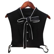 Korean Female Elegant White Edge Ribbon Bow Tie Falso Falso Botão de Colarinho de Pé Para Baixo Comutando Lady Destacável Meia-Camisa Blusa - Preto