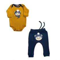 Korte Rekorte Conjunto Body Manga Longa Urso e Culote Mostarda