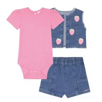 Kukie Conj 3 Peças Body Canelado Rosa Colete e Shorts Jeans Kukie Conj 3 Peças Body Canelado Rosa Colete e Shorts Jeans