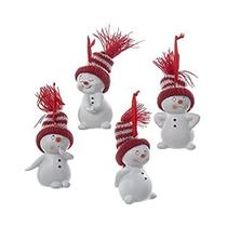 Kurt Adler C9692 boneco de neve com listras vermelhas e brancas de malha chapéu decorativo de Natal enfeite de Natal conjunto com vários rostos animados (4 pacote)