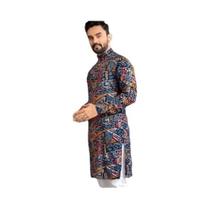 Kurta Masculina Com Estampa Digital, Corte Regular, Gola Mandarim, Longa, Ideal Para Casamentos E