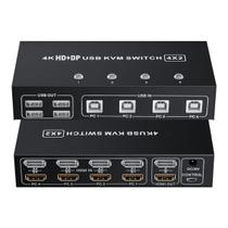 KVM Switch Dual Monitor 4K 60Hz HDMI+DP P/ 4 PCs X 2 Telas