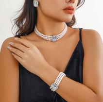 L02117-Conjunto Feminino Colar e Brinco Pulseira Pérola Zirconia Transparente Festa Casamento Noiva Réveillon Elegante L02117-Conjunto Feminino Colar e Brinco Pulseira Pérola Zirconia Transparente Festa Casamento Noiva Réveillon Elegante