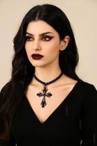 L02134-Colar Feminino Cruz Crucifixo Preto Pérola Halloween Gotico Festa Balada