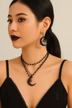 L02137-Conjunto Feminino Colar e Brinco Halloween Preto Meia lua Hippie Gotico Festa Balada L02137-Conjunto Feminino Colar e Brinco Halloween Preto Meia lua Hippie Gotico Festa Balada