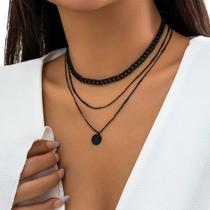 L0283-Colar Feminino Halloween Preto Festa Balada Charme Corrente Triplo