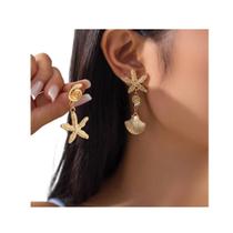 L0307-Brinco Feminino Bijuteria Estrela Concha Do Mar Festa Praia Sofisticada Presente