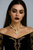 L03137-Colar Feminino Cruz Crucifixo Pérola Halloween Gotico Festa Balada