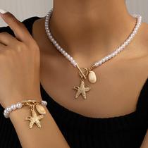 L0810-Conjunto Feminino Colar e Brinco Dourado Estrela Do Mar Concha Pérola Festa L0810-Conjunto Feminino Colar e Brinco Dourado Estrela Do Mar Concha Pérola Festa