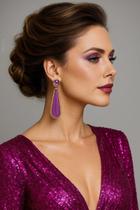 L09-L1916-Brinco Feminino Gota Grande Long Resina Roxo Festa Formatura Madrinha Namorada Viagem Carnaval Vintage