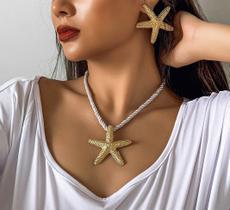 L19-L03125+L19-L03108-Conjunto Feminino Colar e Brinco Dourado Estrela Do Mar Grande Presente Festa Formatura